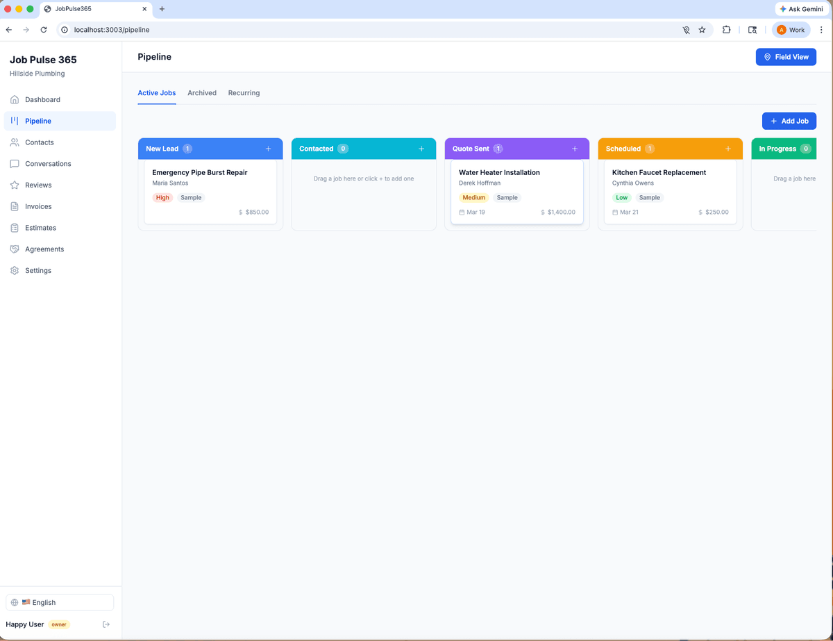 JobPulse365 drag and drop pipeline board showing jobs across multiple stages